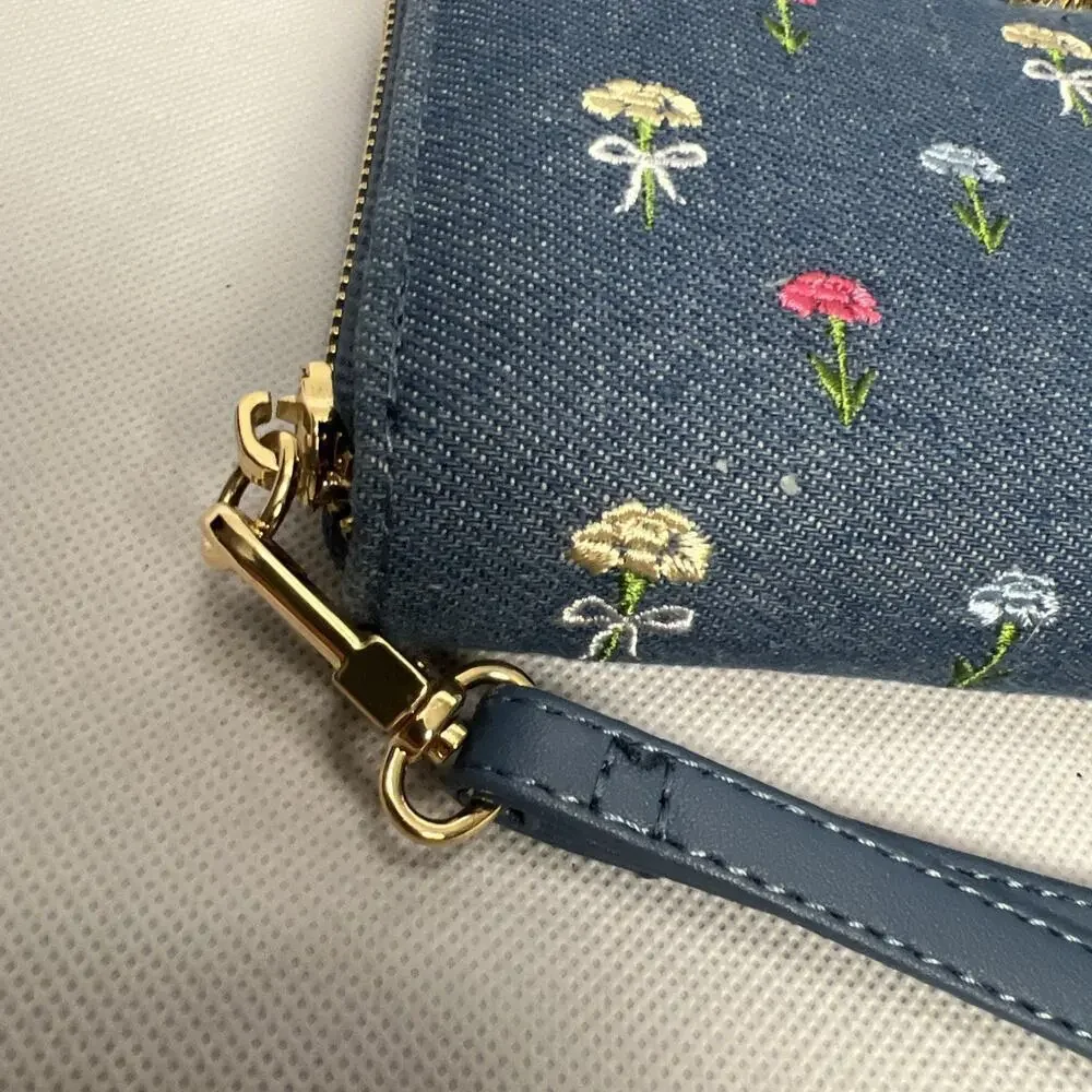 NWT Betsey Johnson Zip Around Wallet Wristlet Blue Denim W Embroidered Flowers